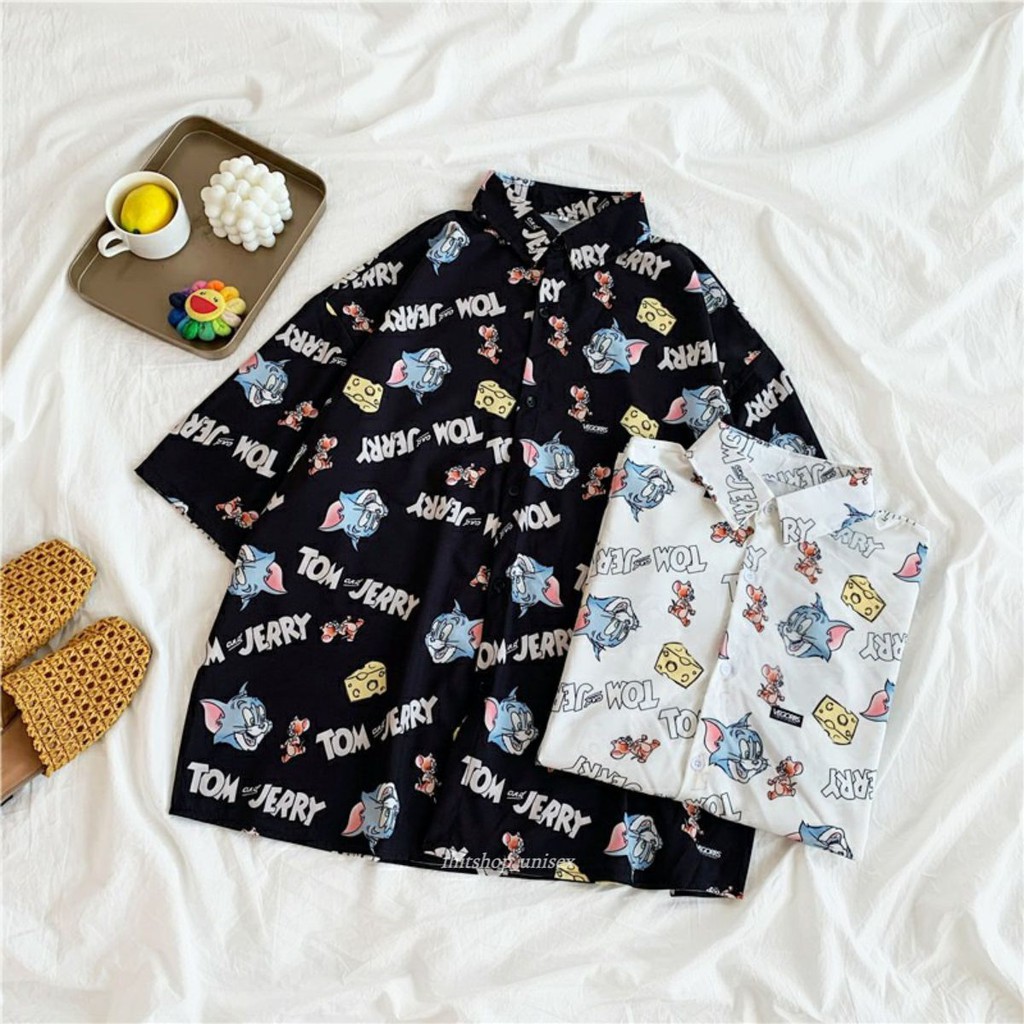 áo sơ mi nữ unisex in hoạt tiết hoạt hình tom and jerry