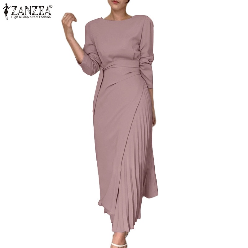 Đầm maxi ZANZEA ôm dáng eo co giãn tay dài cổ tròn màu trơn thời trang đường phố Hàn Quốc cho nữ
