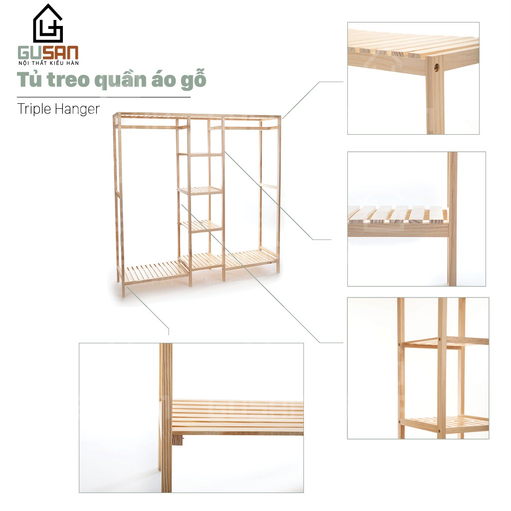 Kệ Treo Quần Áo bằng gỗ 2 tầng thông minh 3 ngăn GUSAN, không gắn tường, tủ treo đồ dùng cho shop thời trang | BigBuy360 - bigbuy360.vn