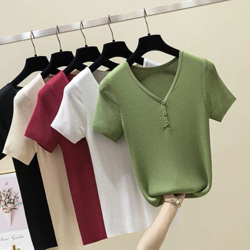 Áo len ngắn tay cổ V cúc ngực Ulzzang style  Hàng Quảng Châu