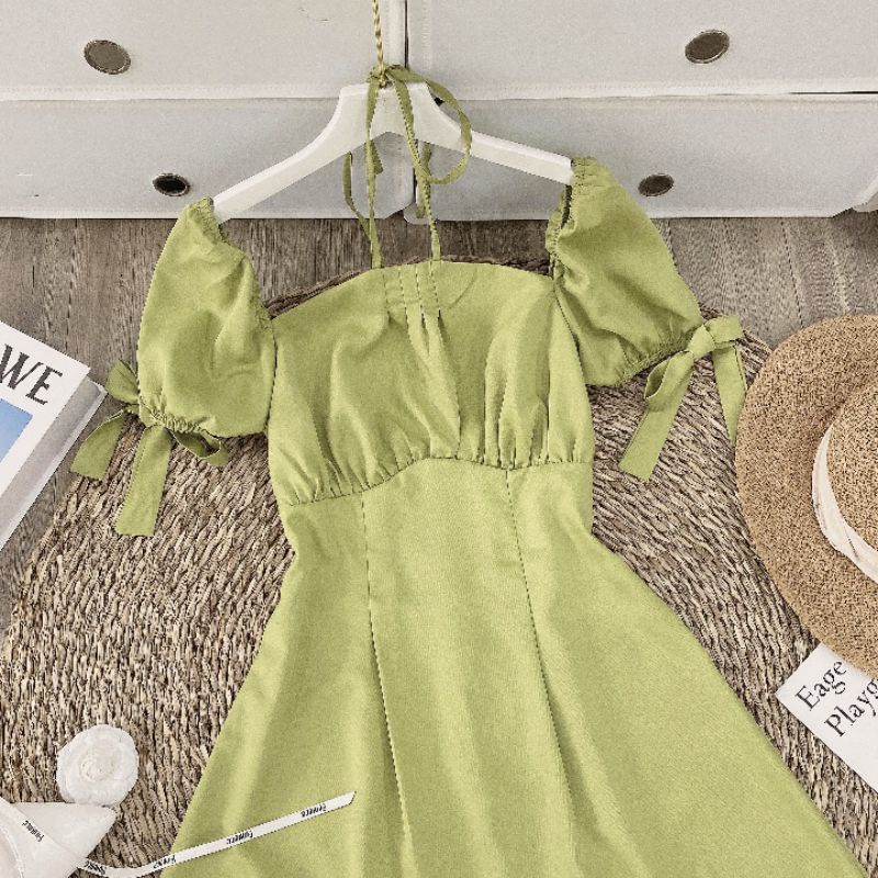 VÁY CỔ YẾM TAY NƠ SIÊU HOT 2 MÀU XANH MINT - TRẮNG