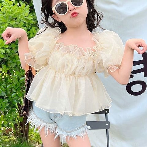 Áo Thun Tay Ngắn Phồng Vải Mỏng Thời Trang Hè Hàn Quốc Hàng Mới Dành Cho Bé Gái 2023