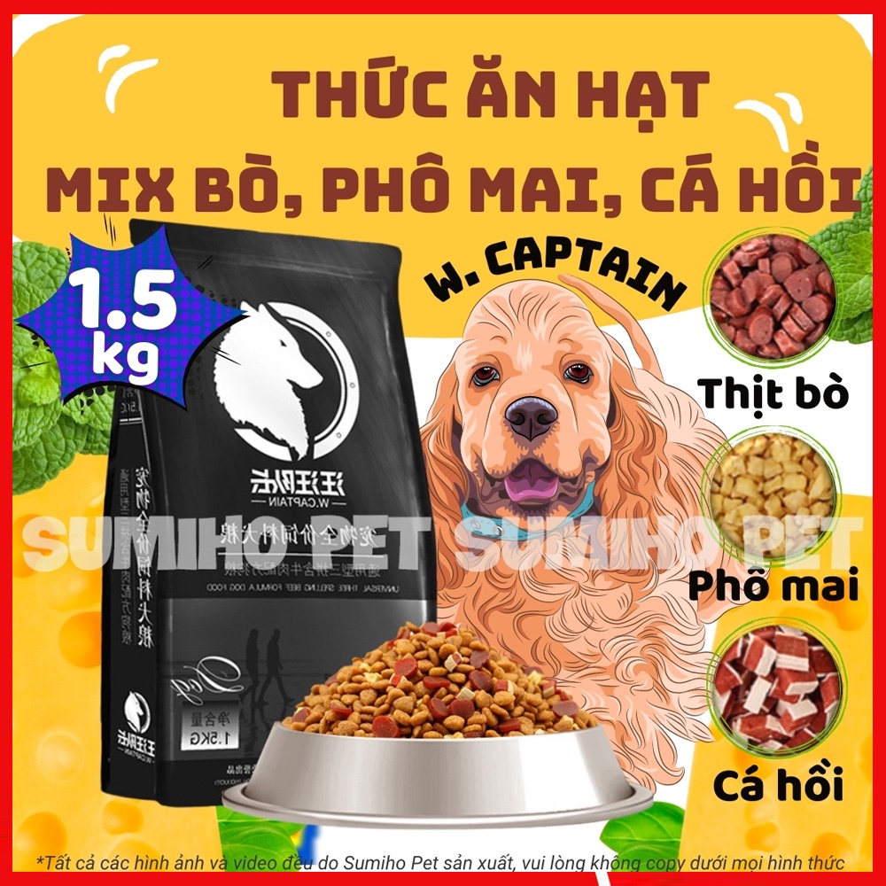 Hạt thức ăn cún cưng Captain (Túi 1.5Kg) trộn lẫn thịt bò, phô mai, cá hồi, rau củ