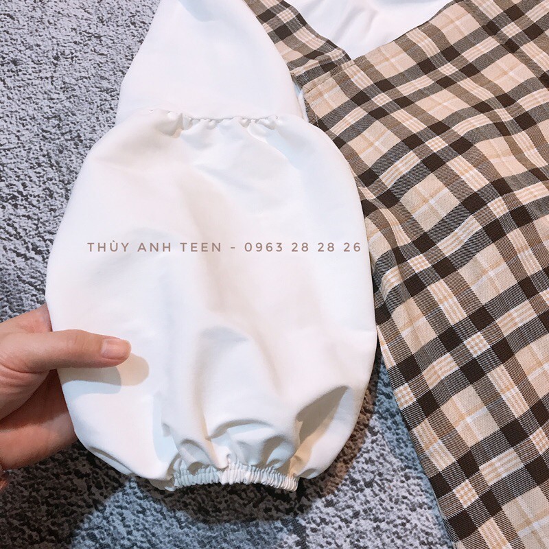 [Mã FADI5K245 giảm 5K đơn 0đ] Set váy yếm kẻ caro tặng kèm áo tay bồng Ulzzang, Set váy vintage kèm áo tay bo siêu xinh | BigBuy360 - bigbuy360.vn