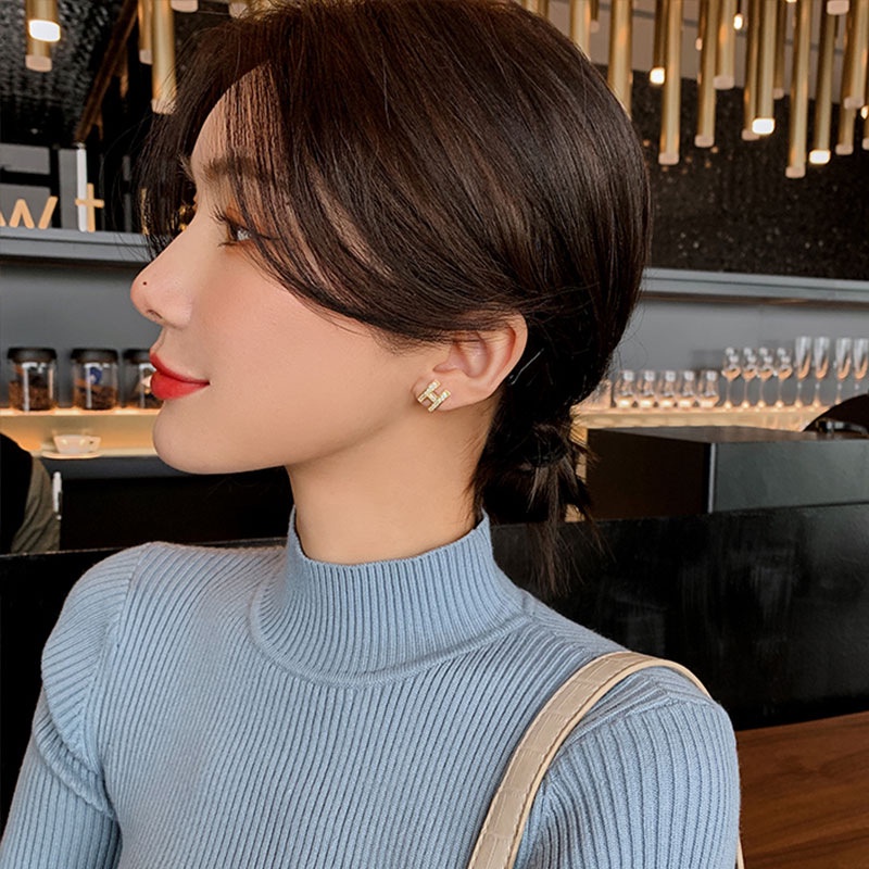 Khuyên tai bạc thiết kế chữ H đơn giản thời trang mùa hè cho nữ