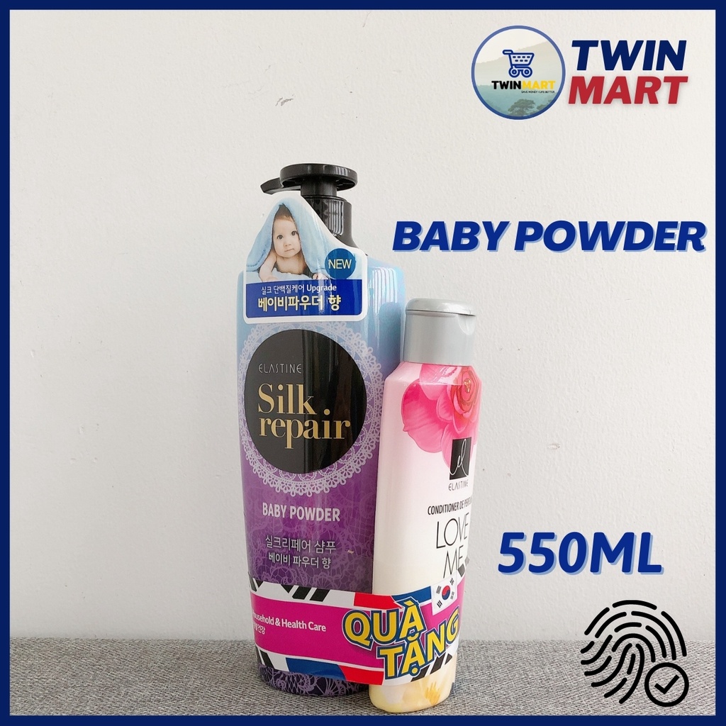 [MUA 1 TẶNG 1 DẦU XẢ 44K] Dầu gội chăm sóc và nuôi dưỡng tóc Elastine Silk Repair Baby Powder 550ml nhập khẩu Hàn Quốc