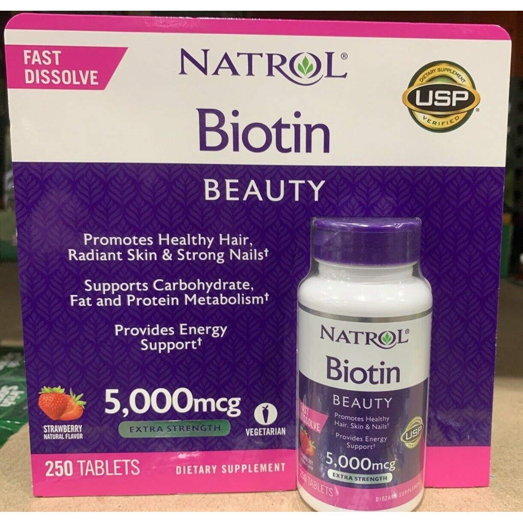 🍓 {Hàng Mỹ} Viên Ngậm Vị Dâu NATROL BIOTIN 250 Viên Hỗ Trợ Tóc, Móng, Da 🍓