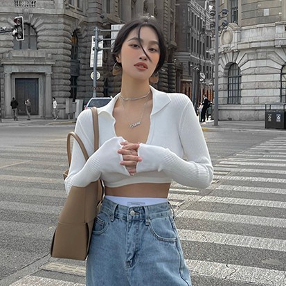 QKOOLE Áo croptop dệt kim  tay dài cổ chữ V phong cách Hàn Quốc thời trang cho nữ