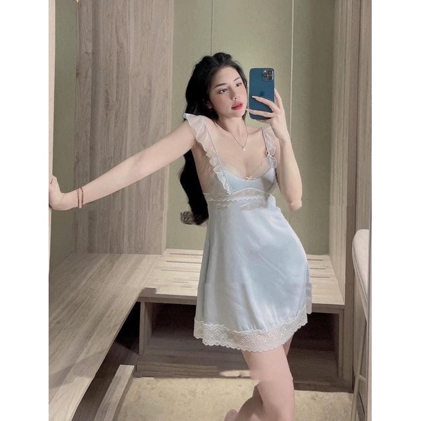 Váy ngủ lụa hai dây cánh tiên chân ren khoét lưng sexy, đầm ngủ nữ mặc nhà