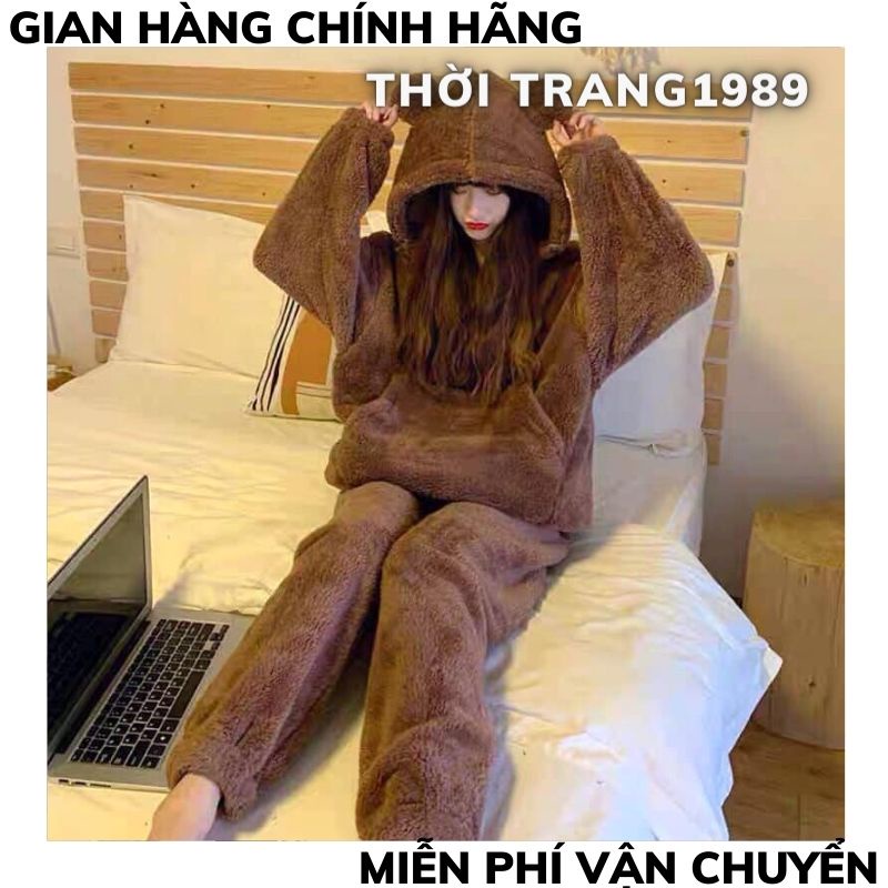 Bộ ngủ nữ Sét lông mũ tai Gấu đủ màu siêu xinh, dễ mặc,dày dặn ,bộ ngủ lông gấu ,áo hoodie lông gấu ,TT 1989