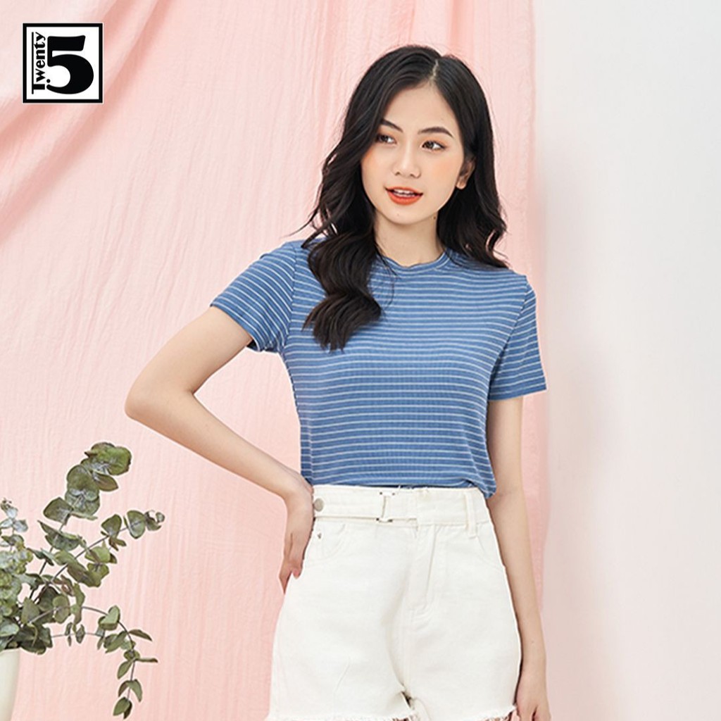 Áo thun nữ dáng ôm ngắn kẻ ngang nhỏ co dãn Twentyfive 3680