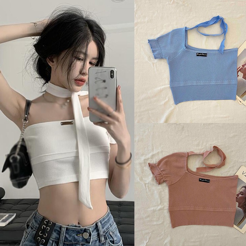Áo Croptop Dệt Kim Cổ Yếm Tay Phồng Màu Trơn Thời Trang Hàn Quốc Cho Nữ