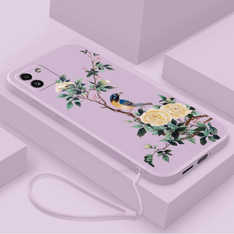Ốp Điện Thoại TPU Mềm Họa Tiết Hoa Và Chim Có Dây Đeo Cho Samsung a03