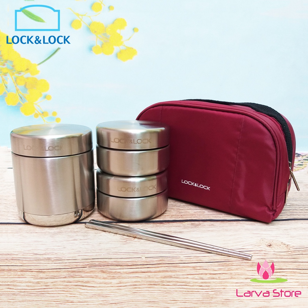 Bộ Hộp Cơm Giữ Nhiệt Inox 304 Lock&amp;Lock LHC8015 (350ml, 280ml, 280ml) Túi Đỏ Kèm Đũa - Larva Store
