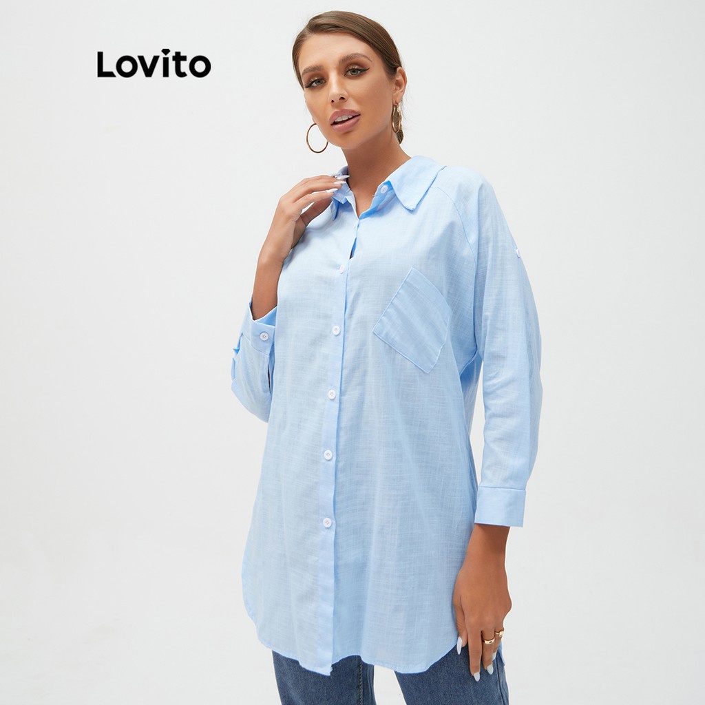 624 DELIST VN Áo kiểu Lovito cài nút xẻ tà kiểu cao thấp màu trơn phong cách nhã nhặn L15X031 (Xanh dương nhạt)