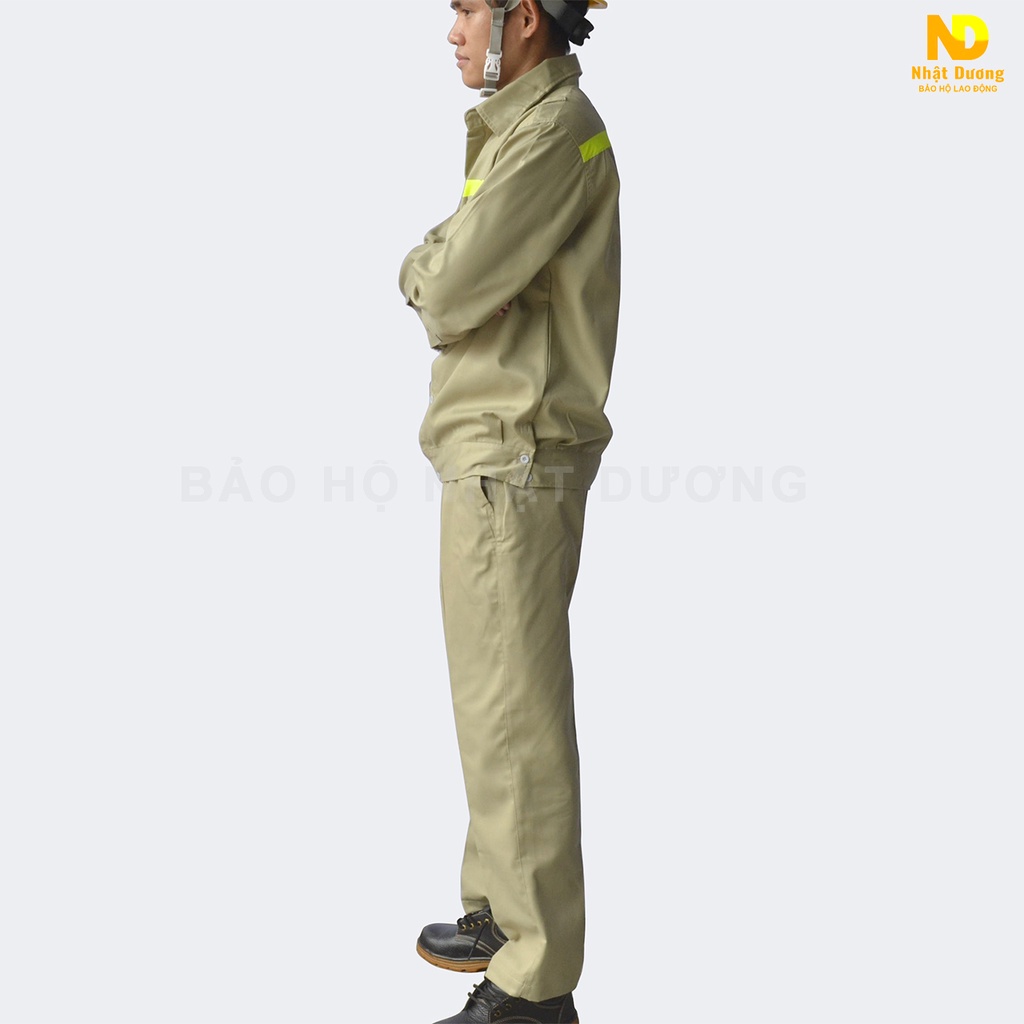 Quần áo lao động nam màu ghi vải kaki 2/1 bền chắc ND03, Đồ bảo hộ lao động Nhật Dương áo phản quang công nhân