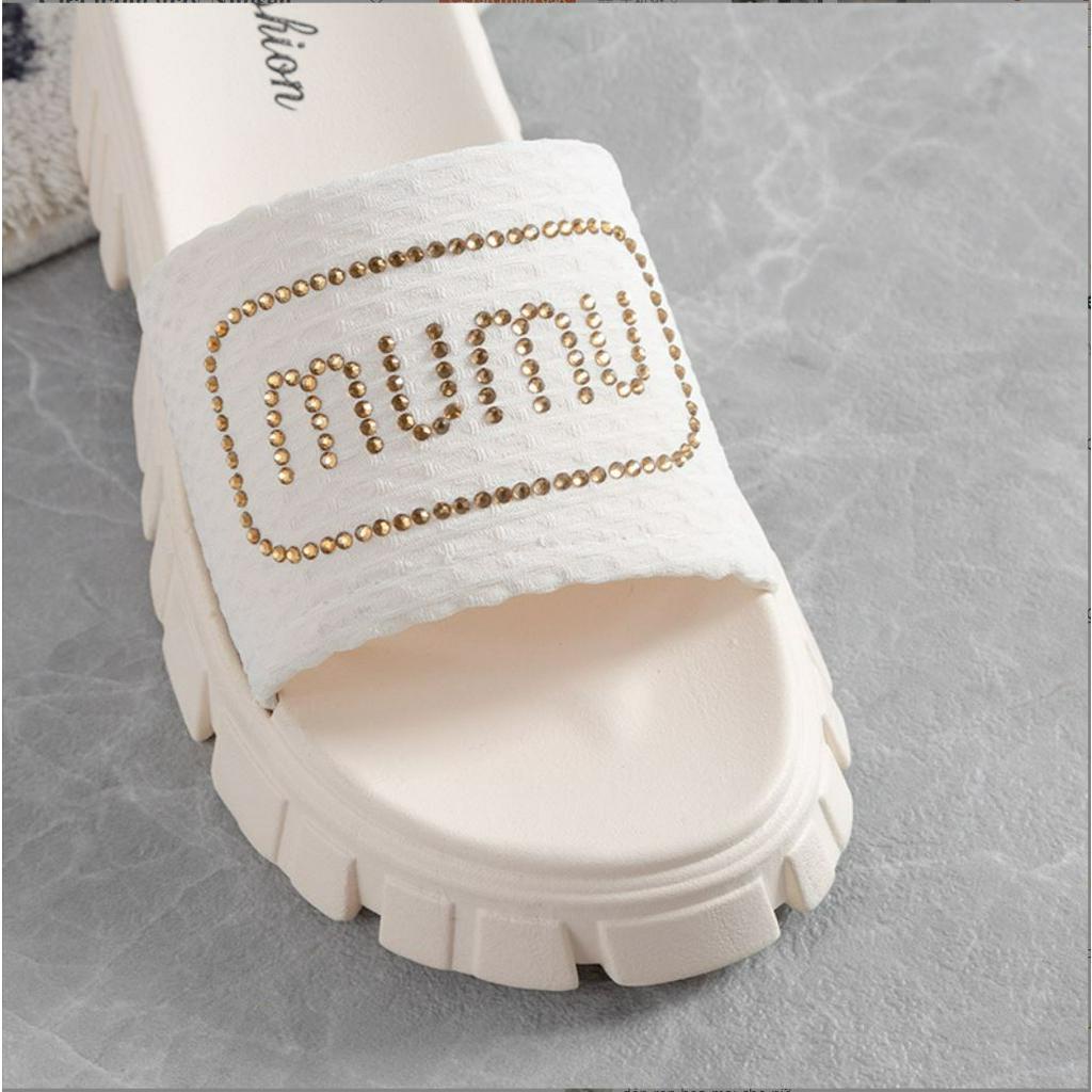 (HCM) Dép Thời Trang Nữ Đế Sọc MUMU Quai Vải Đính Hạt Lấp Lánh