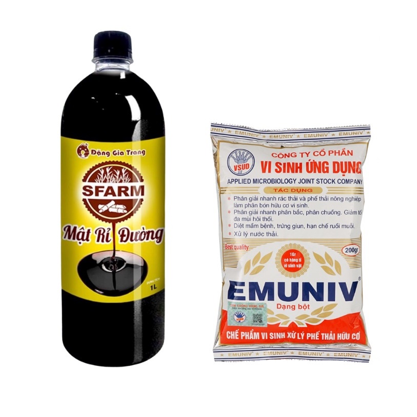 Bộ 1 gói men vi sinh EMUNIV 200 gram và 1 lít Mật rỉ đường Sfarm ủ 1 tấn phân hữu cơ