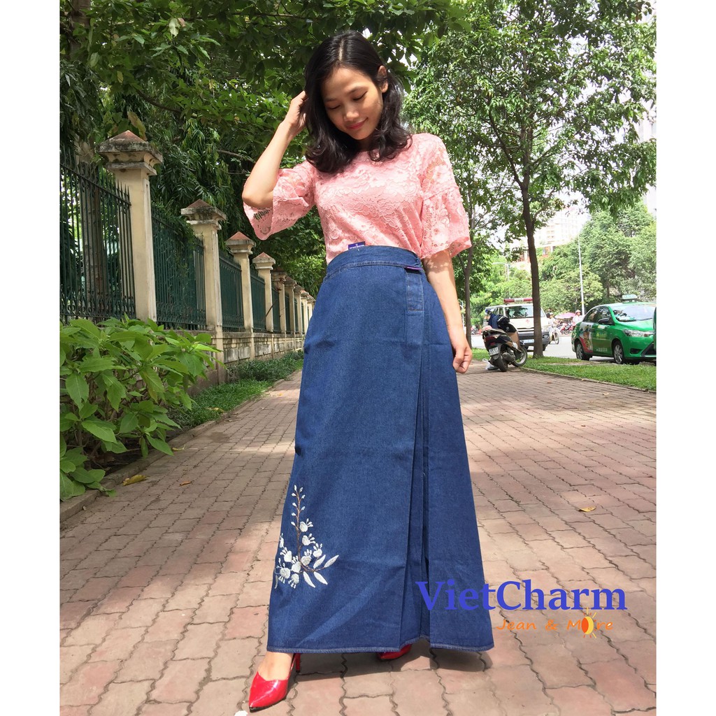 Váy chống nắng jean cao cấp thêu hoa nút bấm đồng bền đẹp che toàn thân Vietcharm Thiên Nga Hoa My | BigBuy360 - bigbuy360.vn