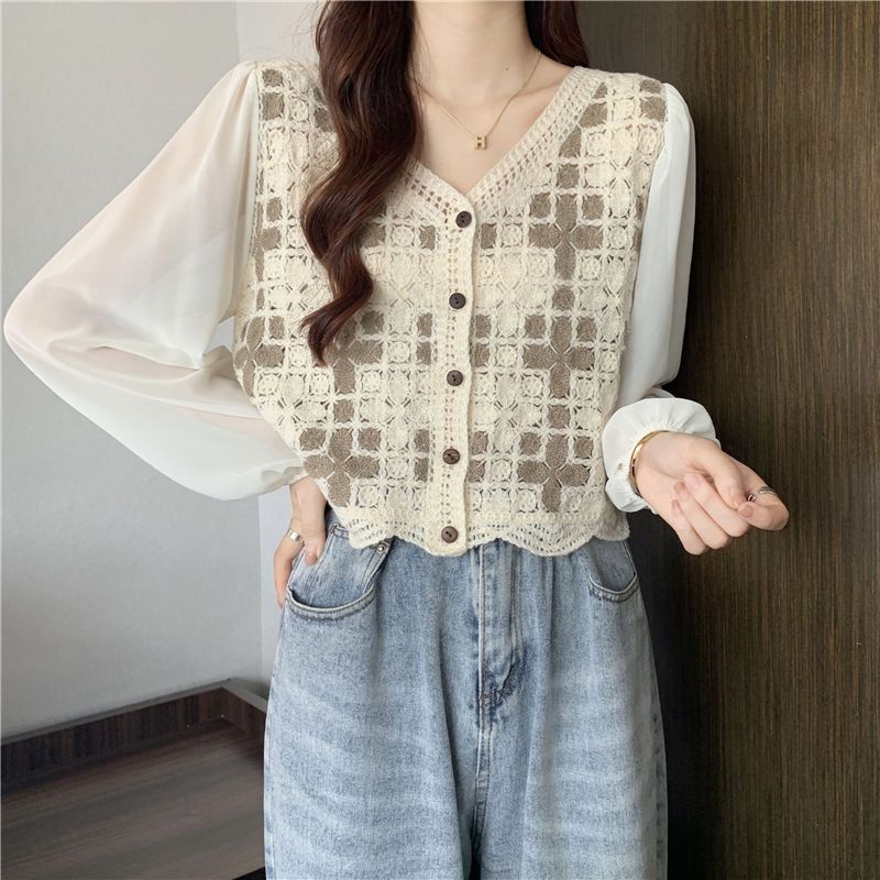 Áo len croptop tay dài Áo Kiểu Ngắn Tay Dài Phối Ren Lỗ Thêu Hoa Thời Trang Mùa Hè 2022 Phong Cách Phương Tây