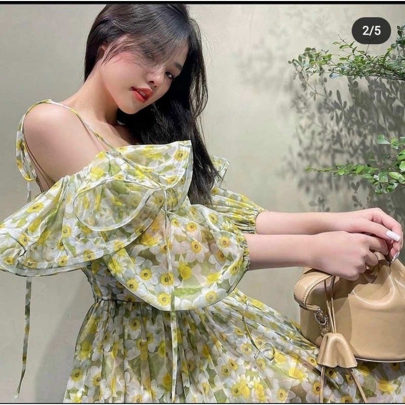 🌈 VÁY MAXI TƠ HOA XANH HỞ VAI❣️