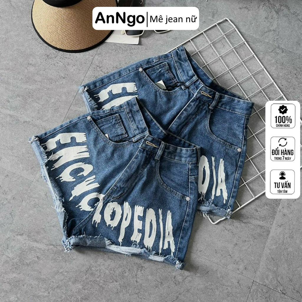 Quần short nữ demin lưng cao chữ trang trí cách điệu hiện đại Anngo - AT295