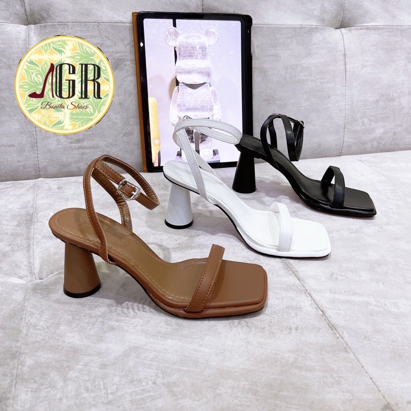 Sandal quai mảnh phồng da mềm gót trụ cao 8po