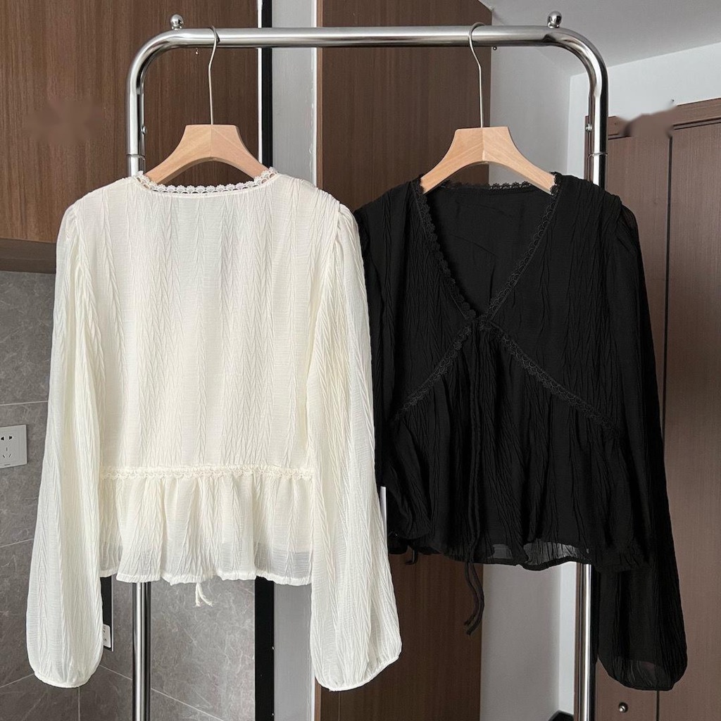 Áo Sơ Mi chiffon Phối Ren Cổ Chữ v Tay Dài Phong Cách Hàn Quốc Mới