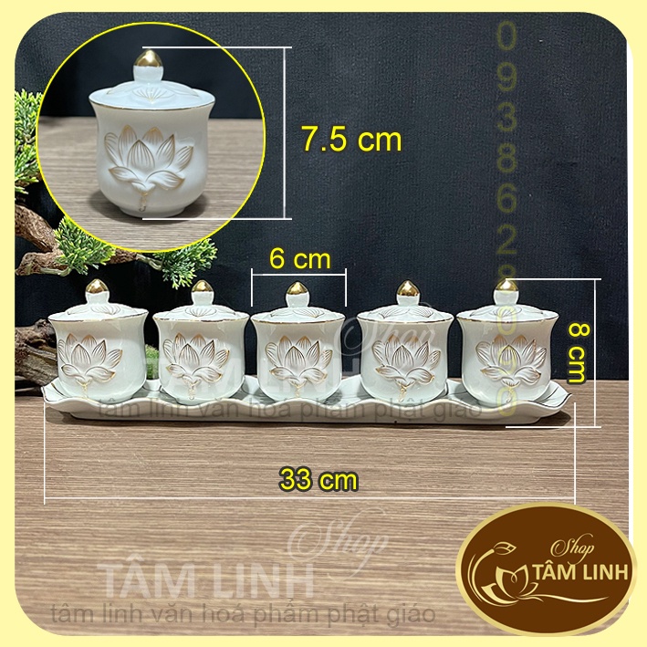 Bộ án 5 ly nước thờ cúng có nắp _ Sứ Bạch Ngọc Sen Nổi Cao Cấp - Loại 1