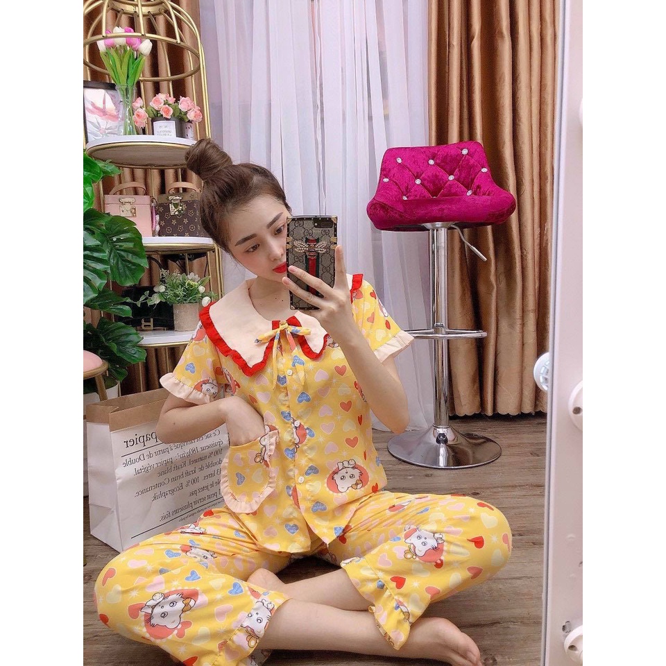 Bộ mặc nhà tiểu thư cho nữ, vải Lụa Hàn họa tiết siêu xinh, không nhăn mặc dễ thương