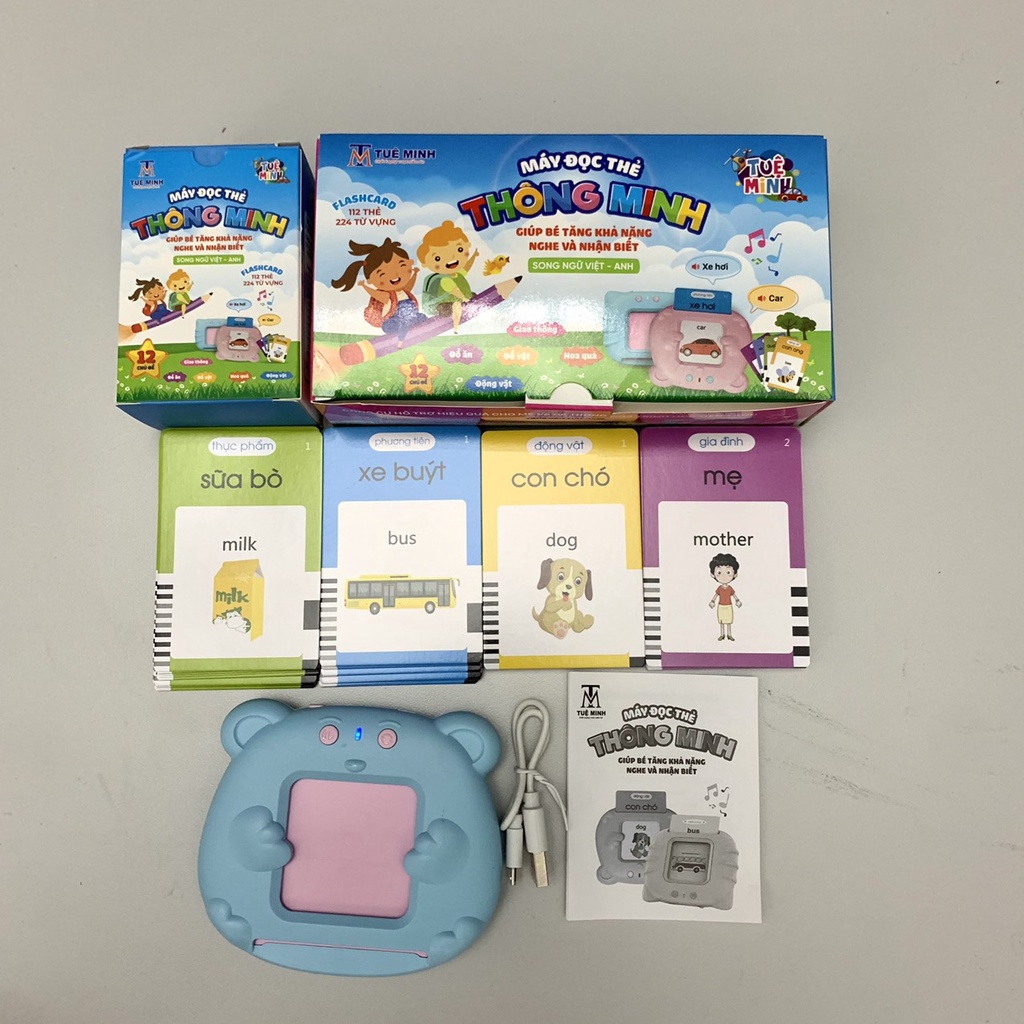 Thẻ học thông minh cho bé, máy đọc thẻ cho bé 112 Thẻ 224 Từ Vựng - song ngữ VIỆT - ANH