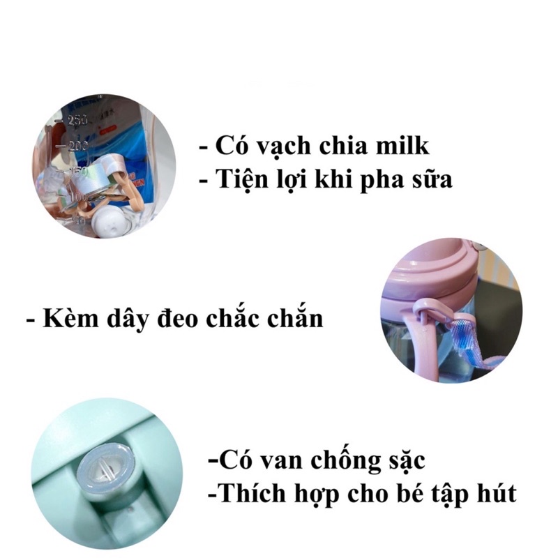 ( Bình 280ml/350ml) Bình Uống Nước Cho Bé Có Van Chống sặc, Không Rò Rỉ Nước Hình Heo/Hươu Có Quai Đeo Cực Tiện Lợi