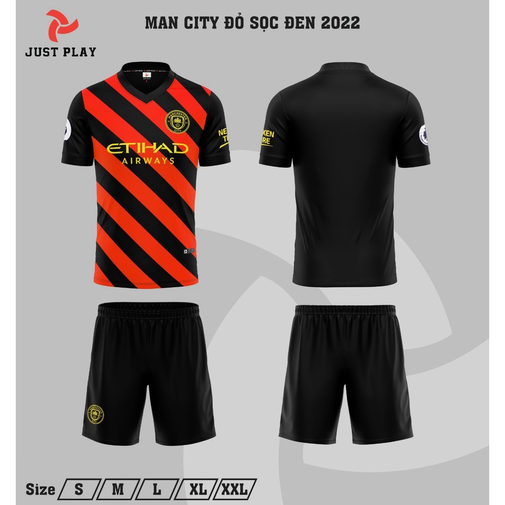 Bộ quần áo bóng đá, đồ đá banh Manchester City Sân Khách Đỏ Đen 2022-2023 Vải Thun Lạnh Cao Cấp
