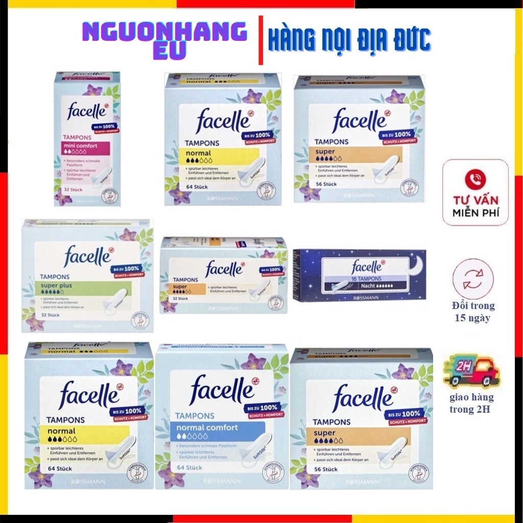(Có Đổi Tên)Băng Vệ Sinh Tampon Facelle Băng Vệ Sinh Dạng Nút Đầy Đủ Size , Có Cần Đẩy(Hàng Đức Có Bill)