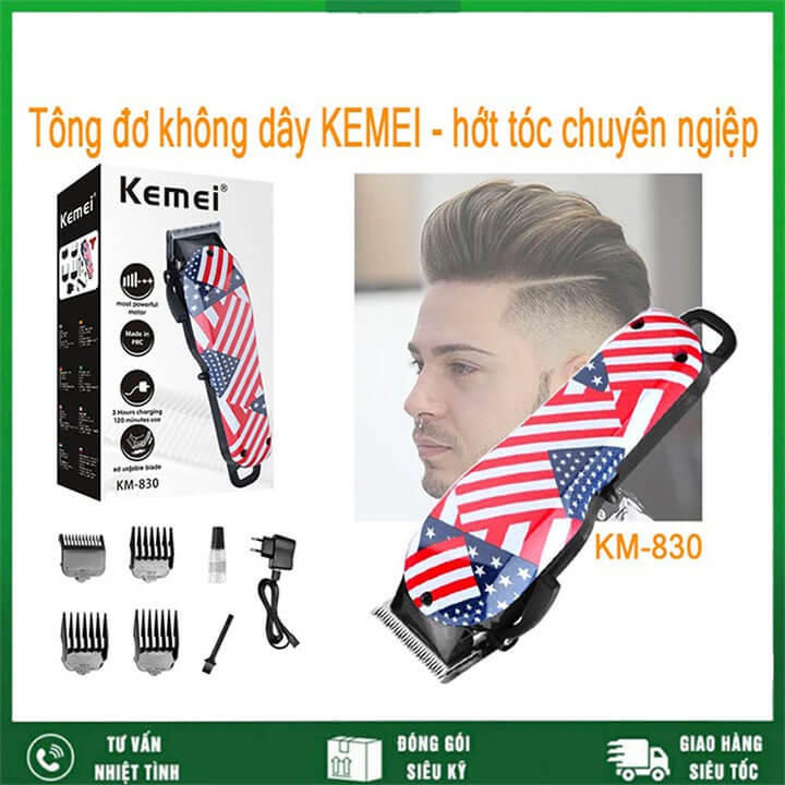 Tông đơ cắt tóc không dây chuyên nghiệp Kemei KM-830 cao cấp, cắt tóc nam nữ, trẻ em dùng trong Salon và gia đình