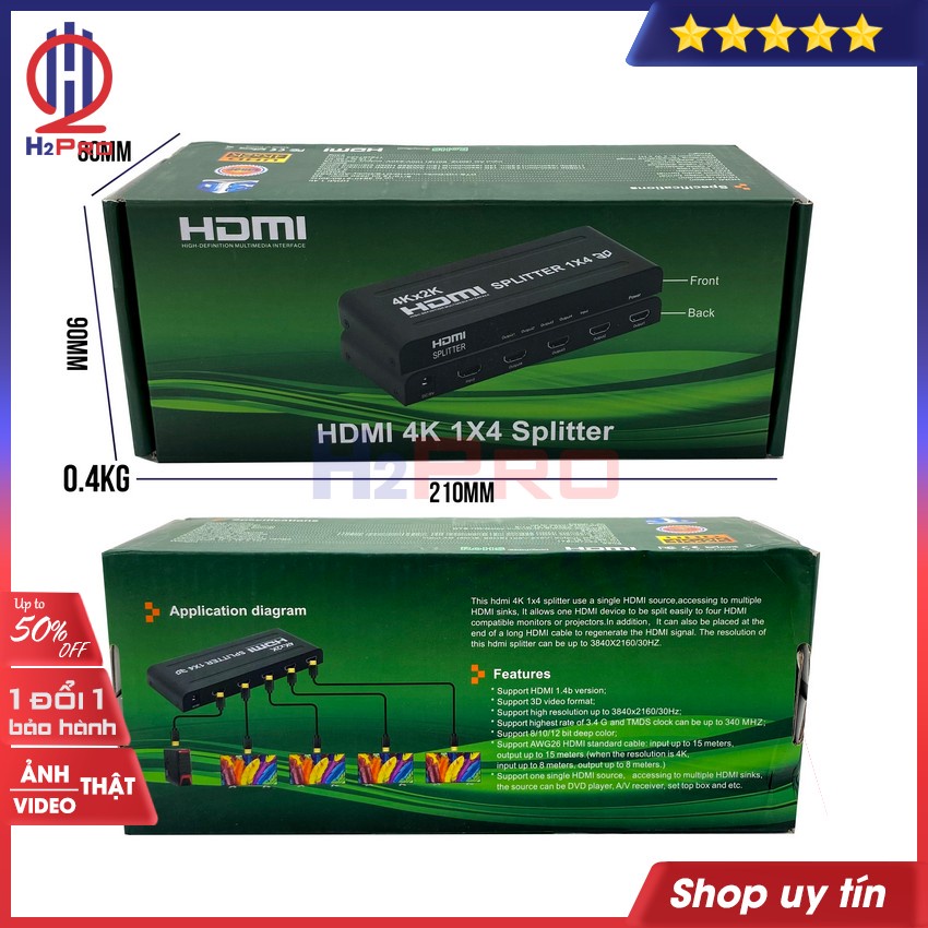 Bộ Chia HDMI Splitter 1 ra 4 H2pro cao cấp chuẩn 4K-3D-chất lượng cao chuẩn đầu vào, hàng hãng (tặng củ sạc 5V-2A 50k)