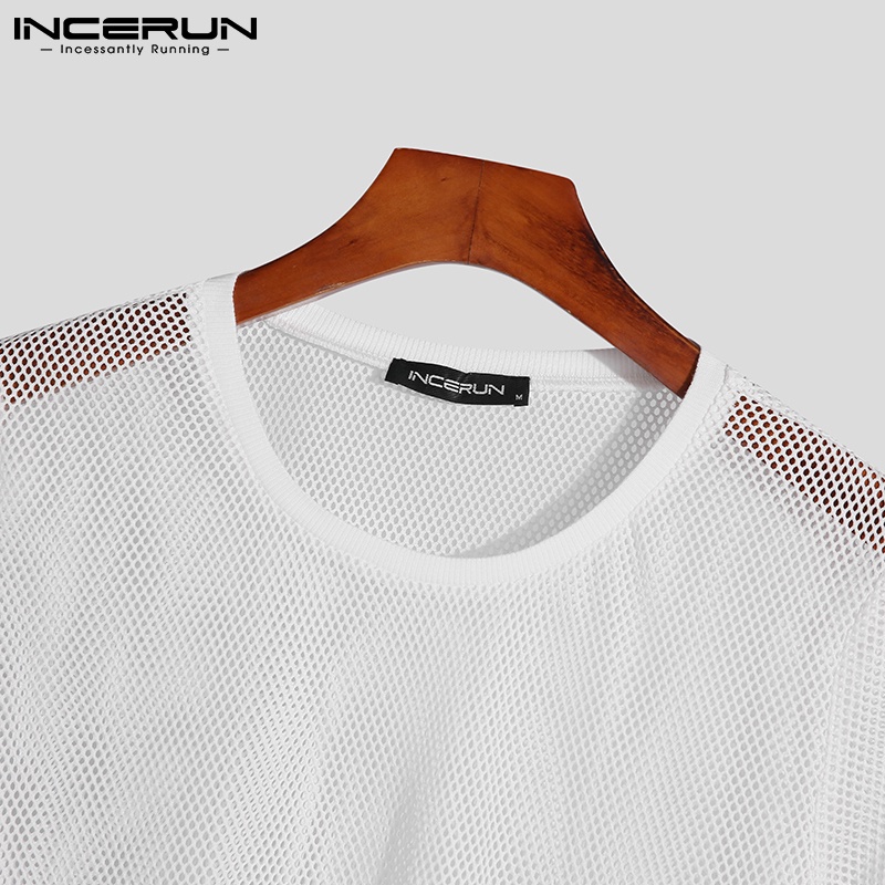 Áo thun tay ngắn INCERUN dáng rộng kiểu lưới phối tua rua thời trang mùa hè cho nam
