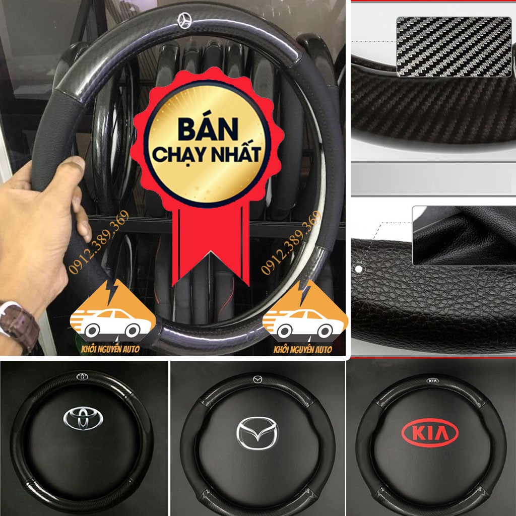 Bọc Vô Lăng Xe Hơi, Ô TÔ  Da Pha Vân Cacbon Gắn Logo Hãng Xe Khôi Nguyên Auto