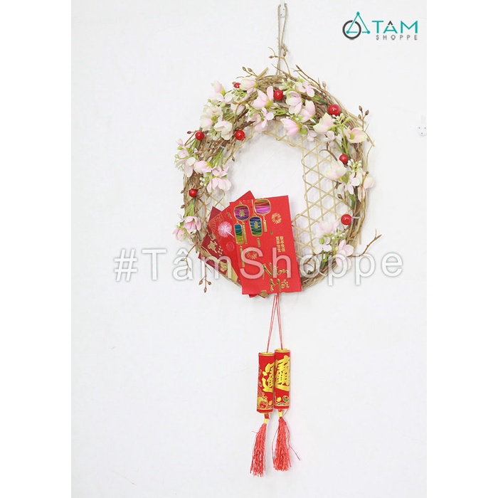 [HANDMADE DÀY ĐẸP - HOA Y NHƯ THẬT] Vòng treo cửa Tết hoa đào cao cấp ĐK 30cm T-VTC-15