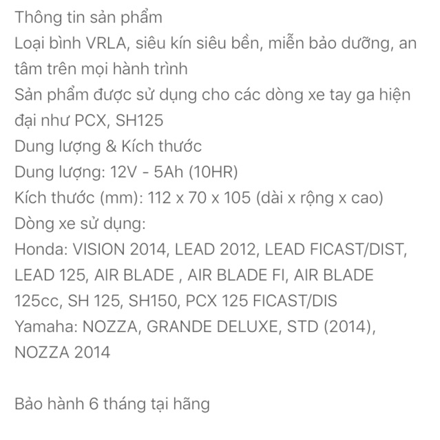 Bình điện Honda pcx / Ắc quy khô PCX 125 chính hãng GS theo xe