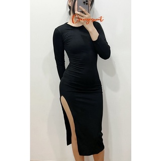 Đầm ôm body dài xẻ tà chất gân mịn xẻ tà