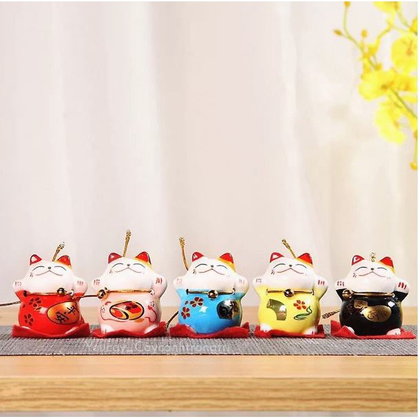 Bộ Tượng 5 Mèo thần tài sứ (Mèo Maneki Neko) chiêu tài lộc may mắn