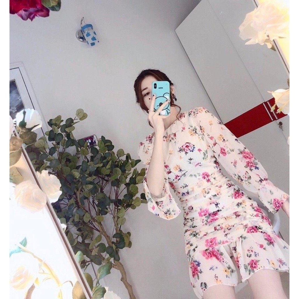 Đầm Body dự tiệc BD002, hoa nhún eo, váy đuôi cá tay dài | BigBuy360 - bigbuy360.vn