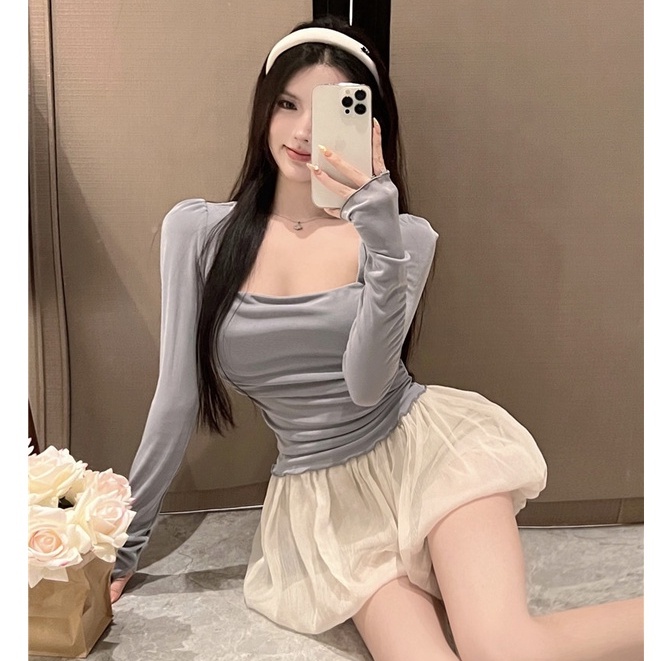 Set Áo Thun Tay Dài Chống Nắng + Quần Short Lưng Thun Ống Rộng Thời Trang Hàn Quốc Cho Nữ