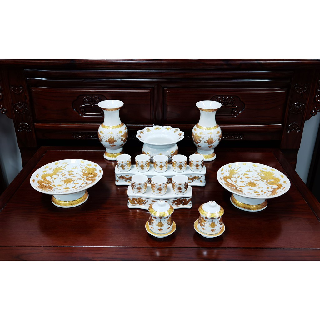 Bộ Đồ Thờ Cúng - Set Đồ Thờ Phụng Sứ Trắng Hoa Sen Vàng In Nổi Cao Cấp Gia Tốt SALA