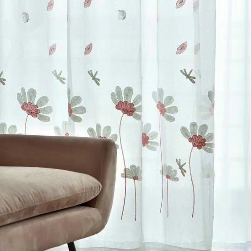 Rèm vải voan hoa cúc hoạ mi may sẵn nhiều kích thước