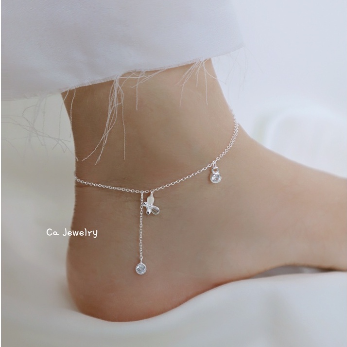 Lắc chân vòng chân nữ bạc s925 butterfly và viên pha lê tròn tua rua Cá jewelry LC28
