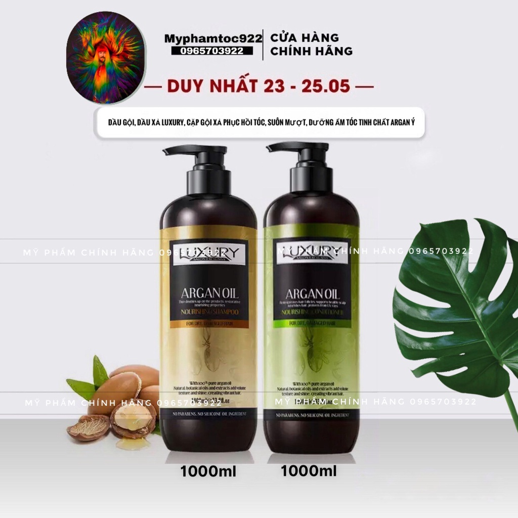 Dầu gội, dầu xả Luxury, cặp gội xả phục hồi tóc, suôn mượt, dưỡng ẩm tóc tinh chất Argan Ý 1000ml