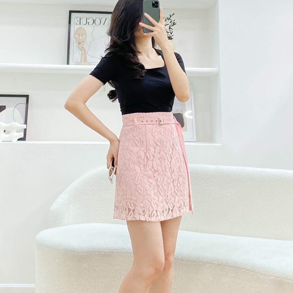 Chân váy ren chữ A kèm dây belt phong cách barbiecore Vella Fashion VV19149