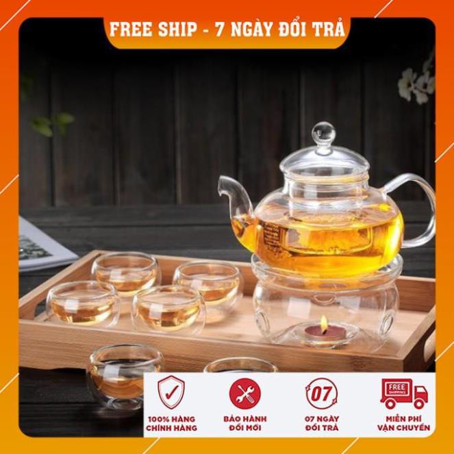 [FREESHIP TOÀN QUỐC] Bộ ấm trà/ /Ly trà thủy tinh - 6 chén kèm đế nến chịu nhiệt, sử dụng được cả đèn cồn và cốc nến